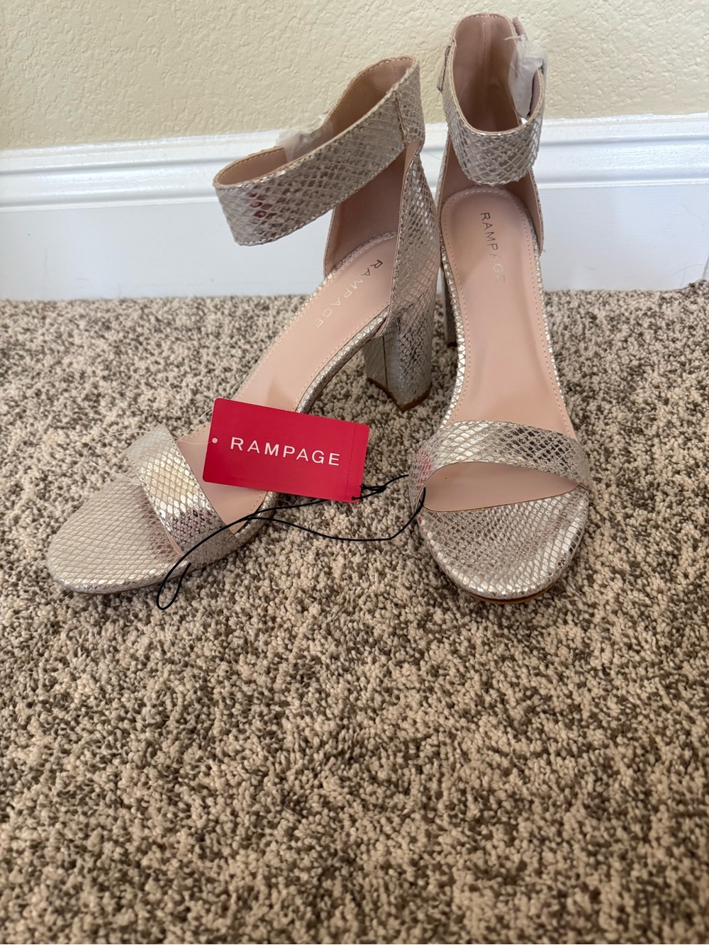 Rampage Metallic Champagne Snake-Print Block Heel Sandals